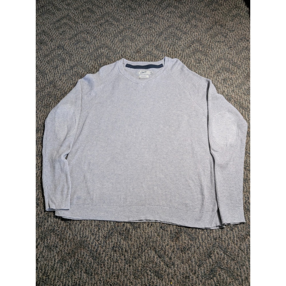 Grayers Clothiers Mens XL Gray Waffle Knit V-Neck Sweater Elbow Patches Merino - Picture 1 of 5
